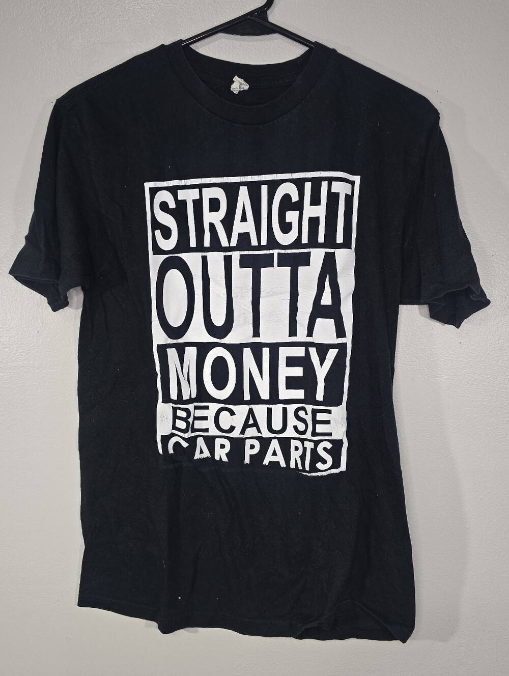 Straight Outta Money Because Car Parts Graphic T-Shirt Black Men's Med